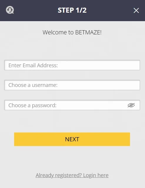 Betmaze Casino registration step 1 showing fields for email address, username and password with Next button