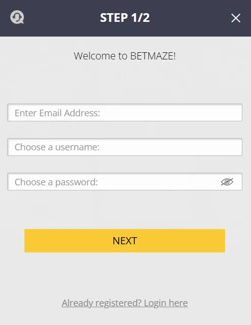 Betmaze Casino registration step 1 showing fields for email address, username and password with Next button