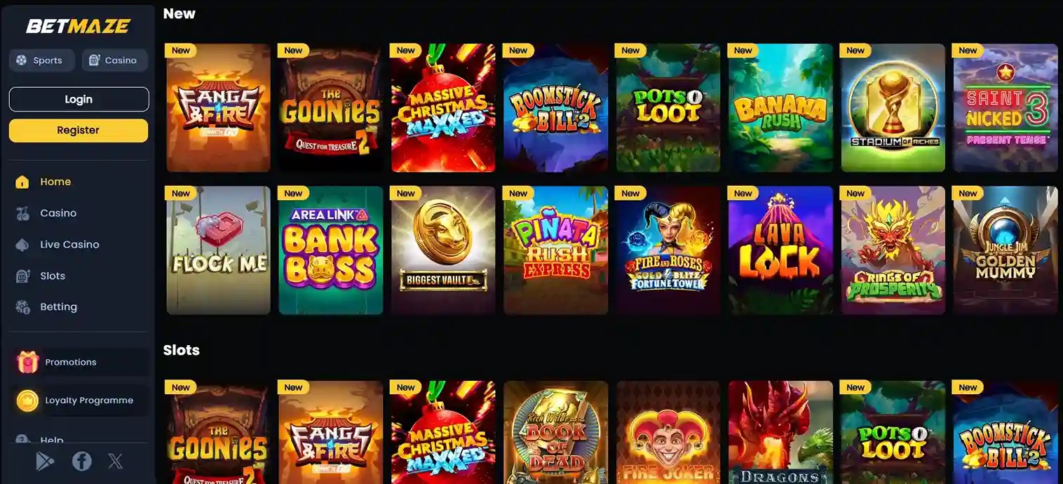 Betmaze Casino desktop lobby with navigation sidebar and grid of new online slot games