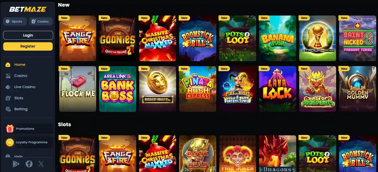 Betmaze Casino desktop lobby with navigation sidebar and grid of new online slot games