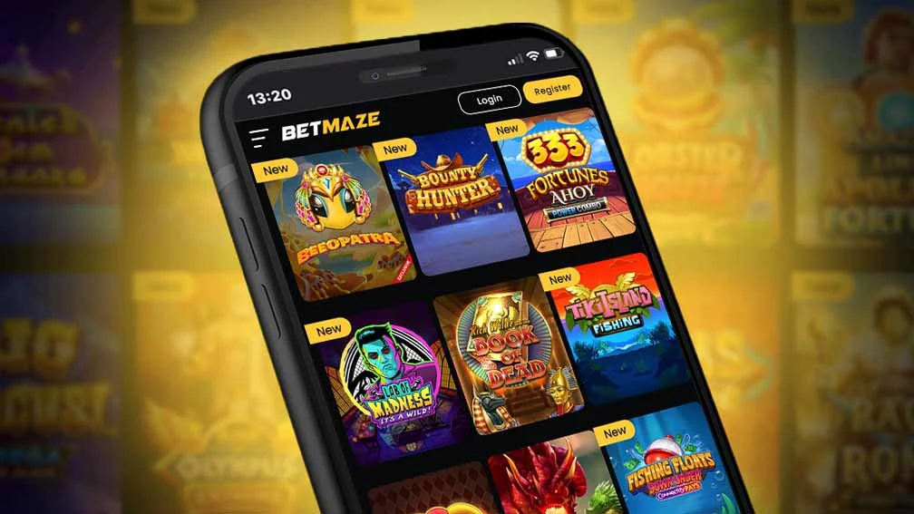 Betmaze mobile casino app on smartphone screen showcasing new slot games in the lobby